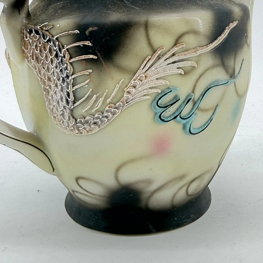Moriage Dragon Teapot Raised Texture Decor Japan VTG Porcelain Large Black Cream
